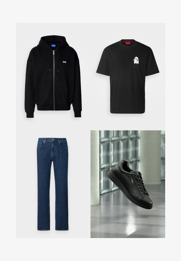 Sudadera con cremallera negra hecha de tejido suave, con un bolsillo frontal, capucha con cordón y un pequeño logo blanco en el lado izquierdo del pecho.; HUGO DICATIKO - Camiseta estampada - black; Jeans de denim azul oscuro con corte recto, que cuentan con un cierre frontal de botón, presillas para cinturón y un diseño de bolsillo estándar.; Zapatilla deportiva baja de cuero negro con cordones, logo dorado "BOSS" en el lateral, mostrada flotando en interiores contra un fondo de bloques de vidrio y hormigón.