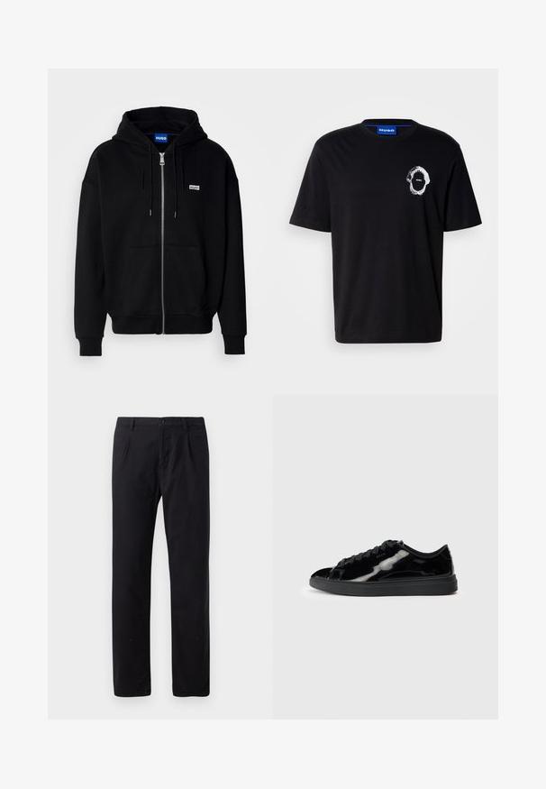 Sudadera con cremallera negra hecha de tejido suave, con un bolsillo frontal, capucha con cordón y un pequeño logo blanco en el lado izquierdo del pecho.; Camiseta negra de algodón con cuello redondo, que presenta un gráfico blanco de tiburón y la marca "Hugo" en el frente, mangas cortas.; Pantalones negros en mezcla de algodón, con un diseño clásico de pierna recta, cierre de botón y sin patrones o adornos visibles.; Zapatillas de cuero sintético negro con puntera redondeada, suela de goma negra y diseño con cordones. Textura suave y acentos minimalistas.