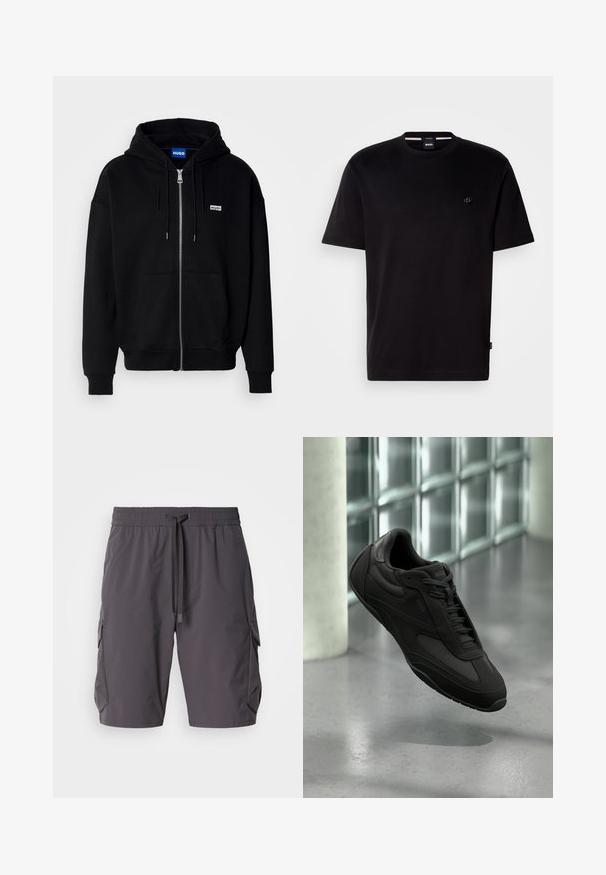 Schwarze Zip-Hoodie aus weichem Stoff, mit einer Fronttasche, Kordelzugkapuze und einem kleinen weißen Logo auf der linken Brust.; Schwarzes Baumwoll-T-Shirt mit Rundhalsausschnitt, kurzen Ärmeln und kleinem Logo auf der linken Seite. Einfaches Design und glatte Textur.; Graue Cargo-Shorts aus leichtem Stoff, mit einem Kordelzugbund, Seitentaschen und einem leicht lockeren Schnitt.; Schwarzer BOSS-Sneaker mit strukturierten und glatten Paneelen, geschnürte Schnürsenkel, schwebt über poliertem Boden in der Nähe von mattierten Glasbausteinen und einer weißen Säule.