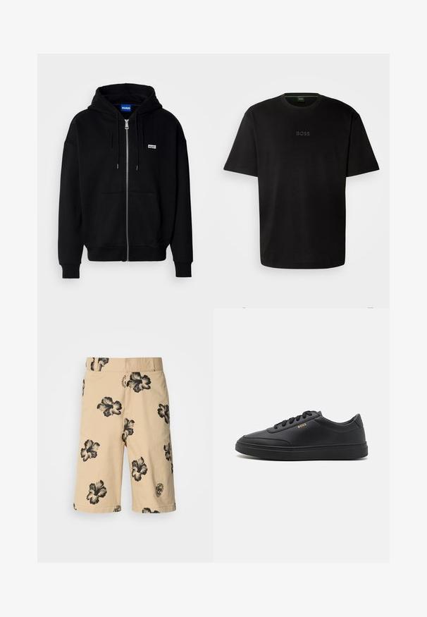 Hoodie zippé noir en tissu doux, avec une poche avant, une capuche à cordon et un petit logo blanc sur la poitrine gauche.; T-shirt en coton noir avec un col rond, des manches courtes et un logo "BOSS" subtil embossé au centre. Design simple et minimaliste.; Shorts beiges avec un motif floral hibiscus noir. Dotés d'une taille élastique et d'un détail de logo sur le côté inférieur. Fabriqués en tissu léger.; Baskets en cuir noir avec une texture lisse, bout rond, semelle en caoutchouc plate et lacets ton sur ton. Présente une marque "BOSS" dorée sur le côté.