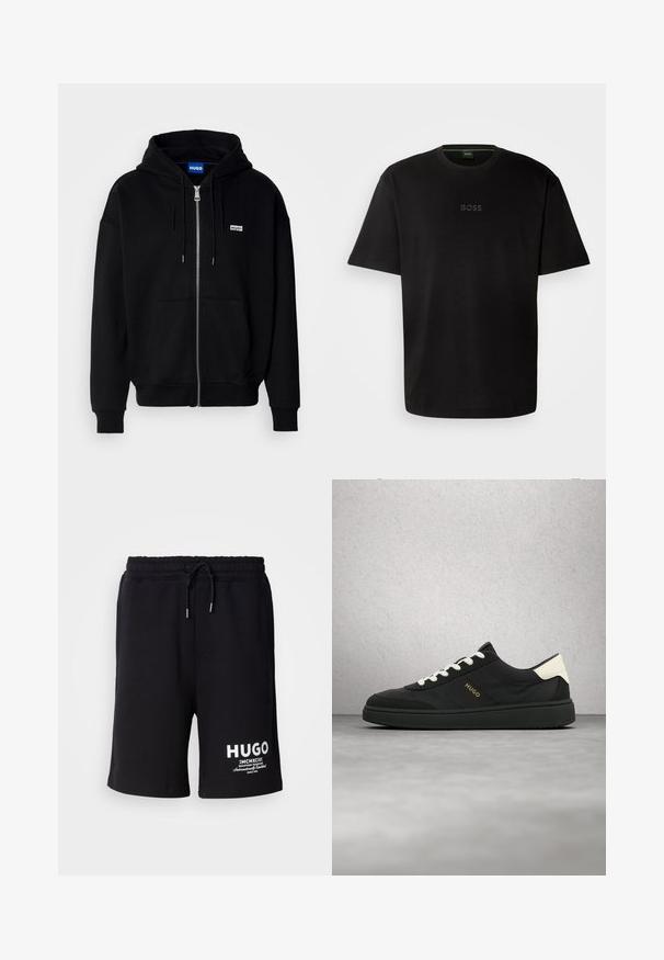 Zwarte ritshoodie van zacht materiaal, met een voorkantzak, een capuchon met koorden en een klein wit logo op de linkerborst.; Zwarte katoenen T-shirt met een ronde hals, korte mouwen en een subtiel 'BOSS' logo in het midden geembosd. Eenvoudig, minimalistisch ontwerp.; Zwarte katoenen shorts met een elastische tailleband en koord. Witte "HUGO" logo op het linkerpijp. Eenvoudig ontwerp, knielange snit.; Zwarte sneaker met witte veters en hielstuk, "HUGO"-logo aan de zijkant, zwevend in de lucht tegen een grijze vloer en een achtergrond van glazen blokken.