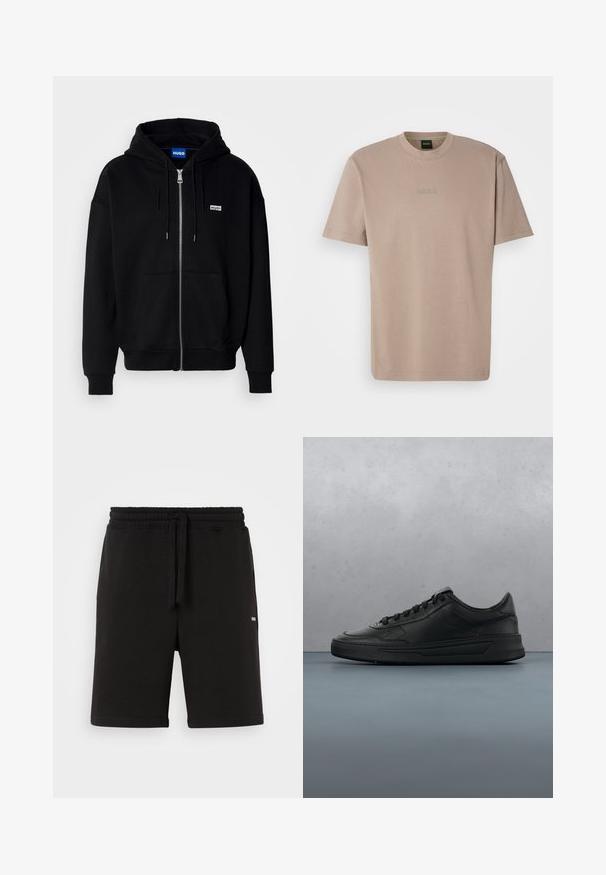 Sort hættejakke med lynlås lavet af blødt stof, med en forlomme, snoretræk i hætten og et lille hvidt logo på venstre bryst.; Beige kortærmet t-shirt i blød bomuld med rund hals, der har et broderet "BOSS" logo på brystet.; Sorte bomulds shorts med elastisk talje og snøre. Har sidelommer og et lille logo foran. Glat tekstur.; Sort sneakers med glat læderoverdel, rund tå, flade snørebånd, polstret krave og minimalistisk design. Gummisål med subtilt mønster.