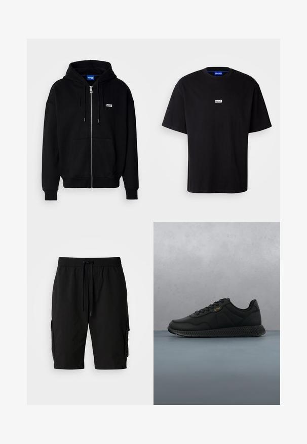 Sudadera con cremallera negra hecha de tejido suave, con un bolsillo frontal, capucha con cordón y un pequeño logo blanco en el lado izquierdo del pecho.; Camiseta de algodón negra con cuello redondo, mangas cortas y un logo rectangular blanco "HUGO" en el pecho. Textura suave, corte relajado.; Pantalones cortos cargo negros hechos de tejido ligero, con una cinturilla elástica, cordón y bolsillos laterales cargo para almacenamiento adicional.; Zapatillas deportivas negras con una parte superior de textil suave, suela de goma y un discreto detalle en relieve. Presentan un diseño de cordones y una marca mínima.