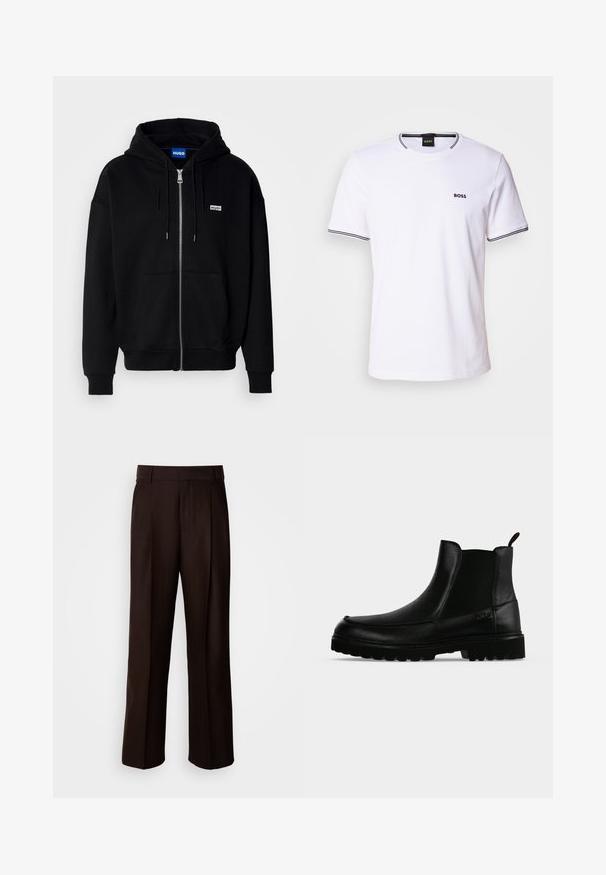Hoodie zippé noir en tissu doux, avec une poche avant, une capuche à cordon et un petit logo blanc sur la poitrine gauche.; T-shirt en coton blanc à manches courtes, avec un col rond et des rayures noires sur le col et les ourlets des manches. Petit logo "BOSS" sur la poitrine.; Pantalons marron ajustés avec une coupe droite, présentant un pli avant, une texture lisse et une taille classique. Adaptés pour les occasions formelles.; Bottine noire en cuir avec semelle texturée, panneaux latéraux élastiques et languette de tirage sur fond gris clair.