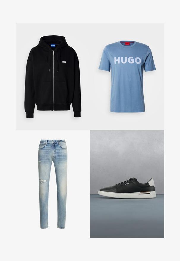 Sudadera con cremallera negra hecha de tejido suave, con un bolsillo frontal, capucha con cordón y un pequeño logo blanco en el lado izquierdo del pecho.; Camiseta de algodón azul claro con mangas cortas, que presenta un gran logotipo blanco "HUGO" en la parte delantera. Cuello redondo sencillo, textura suave.; Jeans de mezclilla azul claro avec un acabado desgastado, detalle de rodilla rasgada, corte recto y estilo de cinco bolsillos. Incluye presillas para el cinturón clásicas.; Zapatilla de cuero negra con suela blanca, cuenta con perforaciones, diseño de cordones, logo en el costado y detalle del talón en blanco y marrón.