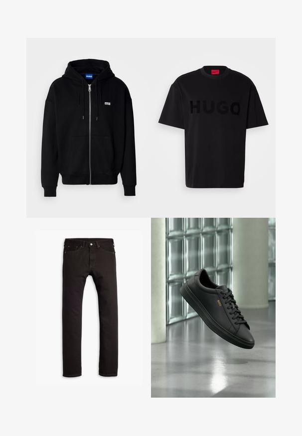 Zwarte ritshoodie van zacht materiaal, met een voorkantzak, een capuchon met koorden en een klein wit logo op de linkerborst.; Zwarte katoenen t-shirt met korte mouwen en ronde hals, voorzien van een groot, glanzend zwart "HUGO" logo op de voorkant. Soepele textuur.; Zwarte slim-fit jeans met vijf zakken en knoopsluiting, plat weergegeven op een witte achtergrond.; Zwarte lage leren sneaker met zwarte veters en gouden BOSS-logo aan de zijkant, zwevend boven glanzende grijze vloer in een moderne binnenruimte.