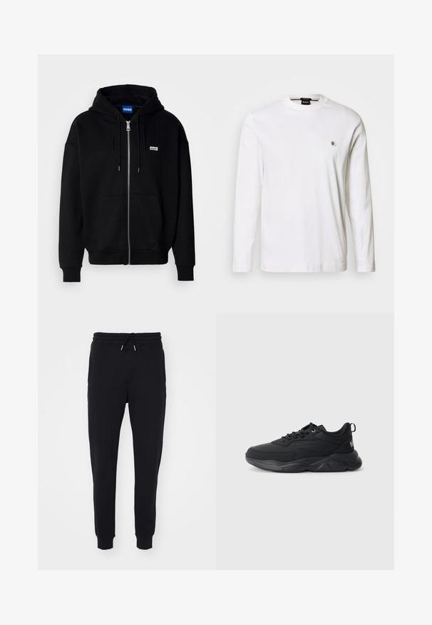 Sudadera con cremallera negra hecha de tejido suave, con un bolsillo frontal, capucha con cordón y un pequeño logo blanco en el lado izquierdo del pecho.; Camiseta blanca de manga larga hecha de algodón suave, con cuello redondo y un pequeño detalle de logo metálico en el pecho izquierdo.; Pantalones de chándal negros de tela suave, con cintura elástica y cordón, bolsillos laterales y puños en los tobillos.; Zapatillas deportivas negras con un upper de textil suave, diseño con cordones, cuello acolchado, suela de goma en contraste y detalle del logo en el talón.