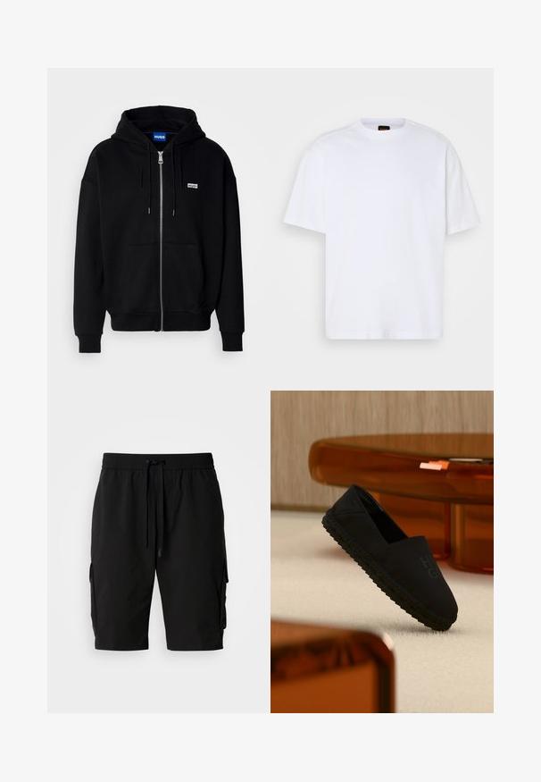 Sort hættejakke med lynlås lavet af blødt stof, med en forlomme, snoretræk i hætten og et lille hvidt logo på venstre bryst.; Hvid bomulds T-shirt med rund hals, korte ærmer og en afslappet pasform. Har strukturerede skuldersømme for ekstra detaljer.; Sorte cargo shorts lavet af letvægtsstof, med elastisk talje, snor og sidelommer til ekstra opbevaring.; Sort slip-on sko med tekstureret sål, hvilende på lyse tæppe nær gennemsigtige brune bordben.
