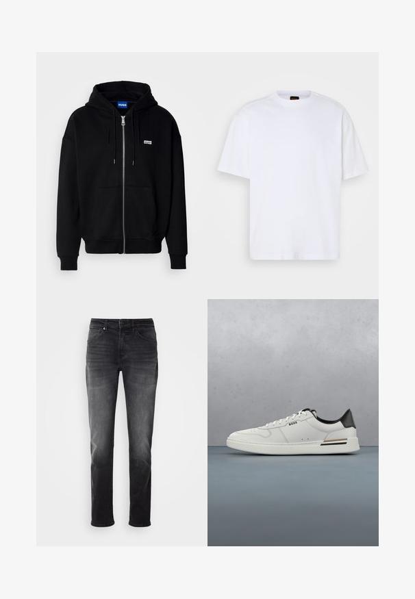 Hoodie zippé noir en tissu doux, avec une poche avant, une capuche à cordon et un petit logo blanc sur la poitrine gauche.; T-shirt en coton blanc avec un col rond, des manches courtes et une coupe décontractée. Les coutures épaules texturées ajoutent un détail supplémentaire.; Jeans en denim noir avec une coupe droite. Comprend une fermeture à bouton et à zip, cinq poches et un léger délavage sur le tissu.; Sneaker basse blanche avec talon noir, fermeture à lacets, perforations subtiles et logo "BOSS" sur le côté, vue depuis le profil extérieur.