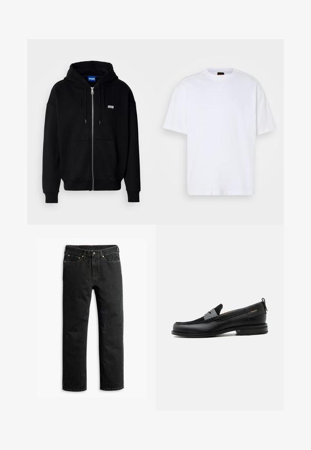 Zwarte ritshoodie van zacht materiaal, met een voorkantzak, een capuchon met koorden en een klein wit logo op de linkerborst.; Witte katoenen T-shirt met ronde hals, korte mouwen en een ontspannen pasvorm. Heeft textuur op de schoudernaden voor extra detail.; Zwarte rechte spijkerbroek met vijf zakken, riemlussen en een knoopsluiting in de taille, plat gelegd op een witte achtergrond.; Zwarte leren loafer met grijs riemdetailelement, lage hak en gestructureerde zool, aan de zijkant gebrandmerkt met "HUGO" in goud.