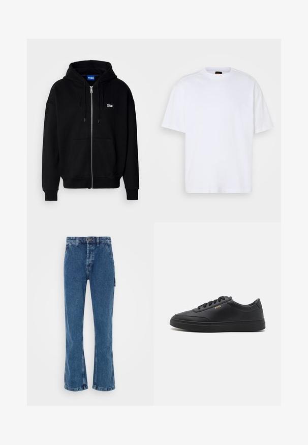Must mustaga hoodie, mis on valmistatud pehmest kangast, millel on eesmine tasku, nööriga kapuuts ja väike valge logo vasakul rinnal.; Valge puuvillane T-särk ümmarguse kaelusega, lühikeste varrukatega ja vabalt langeva lõikega. Omab tekstuuriga õmblusi õlgadel, et lisada detaili.; Kõrge vöökohaga, laiad teksad keskmise sinise denimi toonis. Omab ees olevat nupuvääti, kahte küljetaskut ja ühe paigaldustasku jalal.; Mustad nahkspordijalatsid siledast materjalist, ümarate varvastega, tasase kummist tallaga ja tooni sobivate paeltega. Küljes on kuldne "BOSS" bränding.