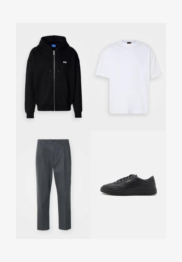Must mustaga hoodie, mis on valmistatud pehmest kangast, millel on eesmine tasku, nööriga kapuuts ja väike valge logo vasakul rinnal.; Valge puuvillane T-särk ümmarguse kaelusega, lühikeste varrukatega ja vabalt langeva lõikega. Omab tekstuuriga õmblusi õlgadel, et lisada detaili.; Halli riba pöidla pükstest, sirge lõikega, nupuga lukuga ja sileda kangatekstuuriga. Kohandatud sobivus koos voldikute jaotusega.; Mustad nahkspordijalatsid siledast materjalist, ümarate varvastega, tasase kummist tallaga ja tooni sobivate paeltega. Küljes on kuldne "BOSS" bränding.