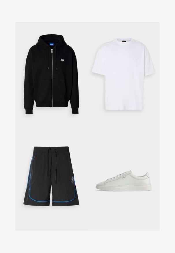 Must mustaga hoodie, mis on valmistatud pehmest kangast, millel on eesmine tasku, nööriga kapuuts ja väike valge logo vasakul rinnal.; Valge puuvillane T-särk ümmarguse kaelusega, lühikeste varrukatega ja vabalt langeva lõikega. Omab tekstuuriga õmblusi õlgadel, et lisada detaili.; Mustad mustad, millel on paelaga vöökoht, sinise äärega õmbluste juures ja logo vasakul reitel. Kerge kangas.; Valge madala säärega nahast tennisejalats paeltega, tasase tallaga ja väikese kuldse "BOSS" logoga küljel, vaadatuna välisküljelt.