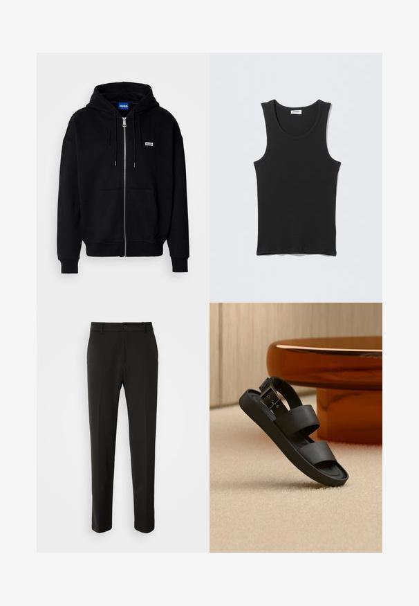 Hoodie zippé noir en tissu doux, avec une poche avant, une capuche à cordon et un petit logo blanc sur la poitrine gauche.; Débardeur noir côtelé sans manches avec encolure ronde, posé à plat sur un fond gris clair. L'étiquette indique « WEEKDAY ».; Pantalon noir en tissu lisse, avec des jambes droites, une fermeture à bouton et un design classique adapté à un usage formel ou décontracté.; Sandale noire avec double brides et une boucle sur un tapis beige, à côté d'une table ronde de couleur ambre dans une pièce aux tons neutres.