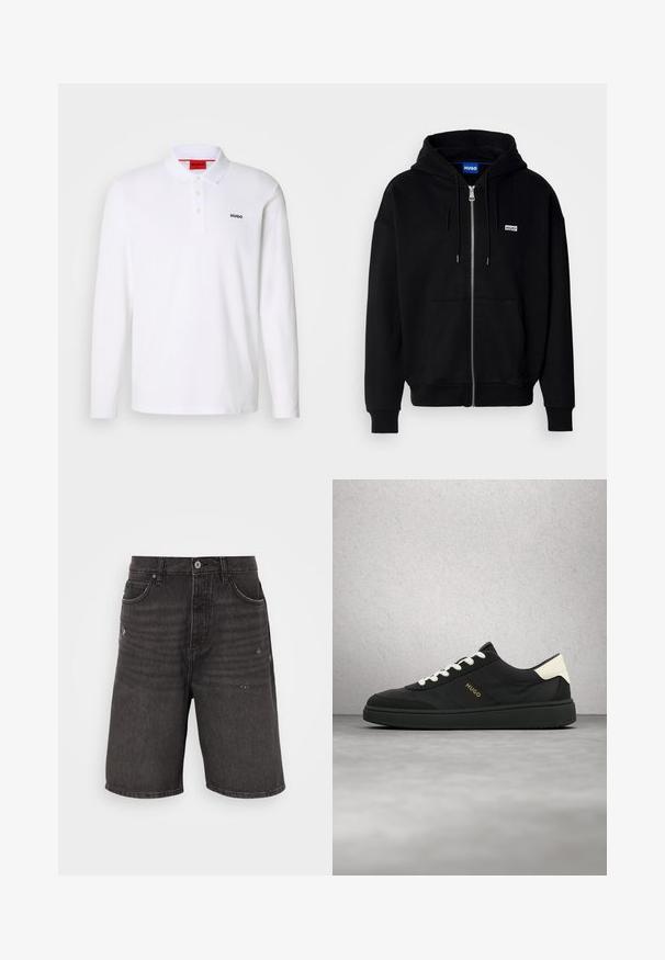 Zwarte ritshoodie van zacht materiaal, met een voorkantzak, een capuchon met koorden en een klein wit logo op de linkerborst.; Witte lange mouwen polo-shirt gemaakt van katoen, met een kraag, een drie-knops sluiting en een zwart "HUGO" logo op de linkerborst.; Zwarte denimshorts met een ontspannen pasvorm, voorzien van frontzakken, een verouderde textuur en een klassieke tailleband met een enkele knoopsluiting.; Zwarte sneaker met witte veters en hielstuk, "HUGO"-logo aan de zijkant, zwevend in de lucht tegen een grijze vloer en een achtergrond van glazen blokken.