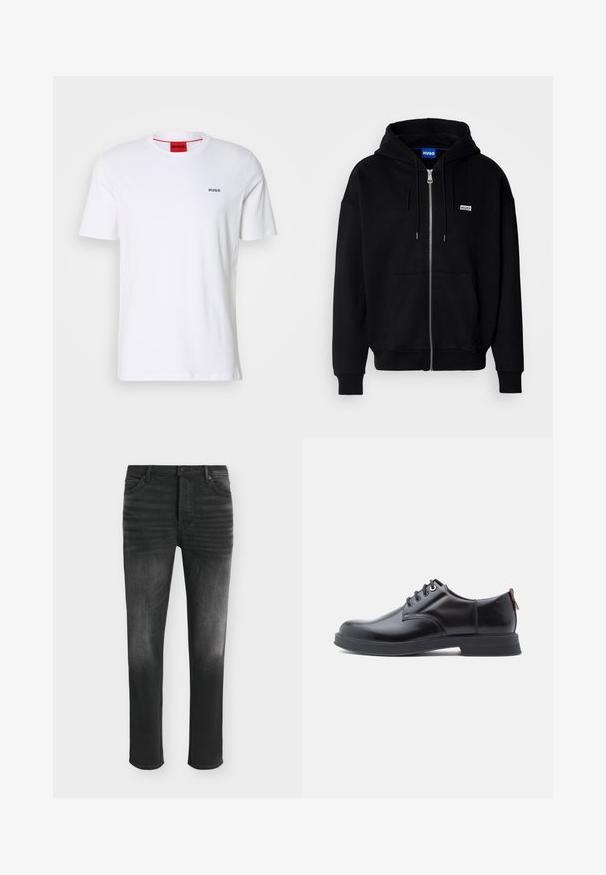 Sudadera con cremallera negra hecha de tejido suave, con un bolsillo frontal, capucha con cordón y un pequeño logo blanco en el lado izquierdo del pecho.; Camiseta de algodón blanca de mangas cortas, con un escote redondo y pequeño logo negro "HUGO" en el lado izquierdo del pecho. Presenta una etiqueta en el cuello interior de color rojo.; Vaqueros negros de corte ajustado con detalles desgastados, estilo de cinco bolsillos y cierre con botón en la cintura.; Zapatos de piel negra con cordones, textura lisa, puntera redondeada y detalles sutiles de costura. Cuentan con una lengüeta roja en el talón.