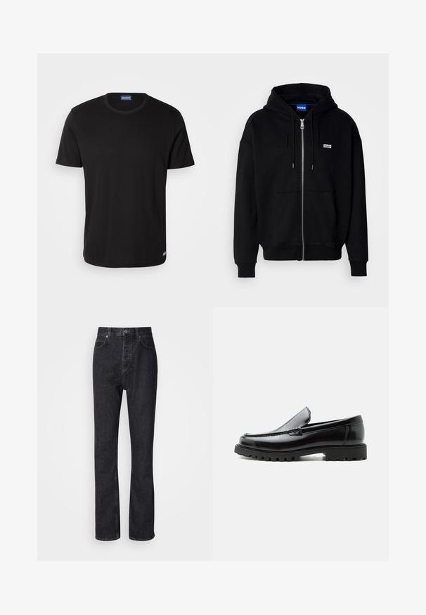 Sudadera con cremallera negra hecha de tejido suave, con un bolsillo frontal, capucha con cordón y un pequeño logo blanco en el lado izquierdo del pecho.; Camiseta de manga corta negra hecha de algodón, con cuello redondo y una pequeña etiqueta con el logo en el dobladillo. Textura suave, corte regular.; Jeans de mezclilla negros de cintura alta con cierre de botón y cremallera, bolsillos frontales y traseros, y corte recto.; Mocasín de cuero negro con suela de goma gruesa, empeine cosido y nombre de la marca en relieve en el talón, mostrado en perfil lateral sobre fondo blanco.