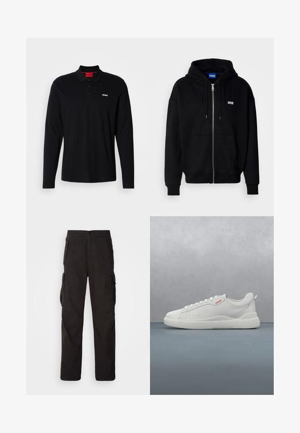 Zwarte ritshoodie van zacht materiaal, met een voorkantzak, een capuchon met koorden en een klein wit logo op de linkerborst.; Zwarte lange mouwen polo shirt van katoen, met een rode kraag en een drieknoopsluiting, voorzien van een wit "HUGO" logo op de borst.; Zwarte cargobroek met een rechte snit, elastische tailleband, meerdere zijzakken en een textiele stof voor duurzaamheid.; Witte sneaker met een gladde leren afwerking, ronde neus, vier veterogen, subtiele perforaties en een rood logo detail aan de zijkant.