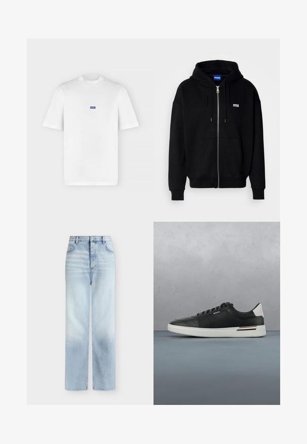 Schwarze Zip-Hoodie aus weichem Stoff, mit einer Fronttasche, Kordelzugkapuze und einem kleinen weißen Logo auf der linken Brust.; Weißes T-Shirt mit kurzen Ärmeln und Rundhalsausschnitt mit einem kleinen blauen rechteckigen "HUGO" Logo, das auf der Brust zentriert ist.; Hellblaue, hoch taillierte Jeans mit geradem Bein, Fronttaschen, Gürtelschlaufen und einem Knopfverschluss.; Schwarze Ledersneaker mit weißer Sohle, ausgestattet mit Perforationen, Schnürdesign, Logo an der Seite und kontrastierenden Fersendetails in Weiß und Braun.