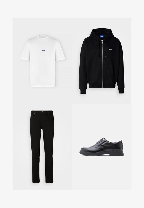 Hoodie zippé noir en tissu doux, avec une poche avant, une capuche à cordon et un petit logo blanc sur la poitrine gauche.; T-shirt blanc à manches courtes et col rond avec un petit logo rectangulaire bleu "HUGO" centré sur la poitrine.; Jeans noirs à jambe droite avec fermeture devant par bouton et fermeture éclair, poches avant et arrière, présentés sur un fond clair uni.; Chaussures en cuir noir à lacets avec une texture lisse, un bout arrondi et des détails de couture discrets. Présentent une languette rouge à l'arrière.
