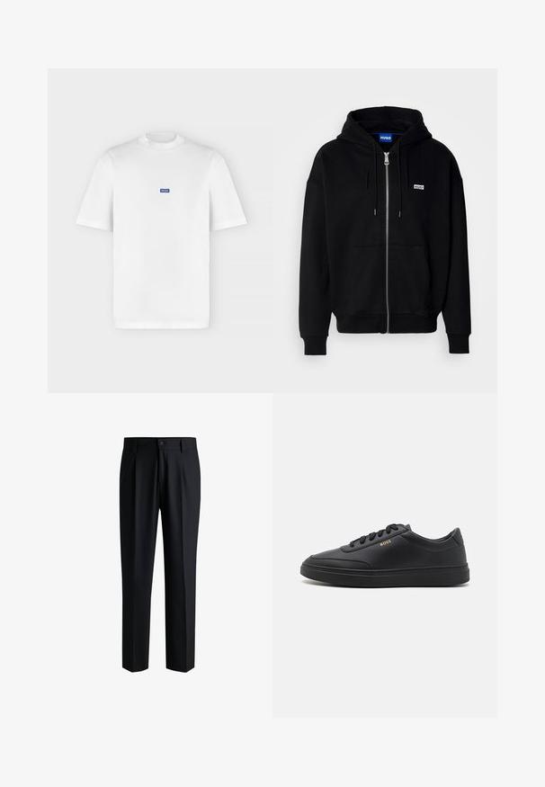 Must mustaga hoodie, mis on valmistatud pehmest kangast, millel on eesmine tasku, nööriga kapuuts ja väike valge logo vasakul rinnal.; Valge lühikeste varrukatega ümara kaelusega T-särk, mille rinnal on keskel väike sinine ristkülikukujuline "HUGO" logo.; Mustadest siledast kangast püksid, sirge jalaga disain, voldid ees, nööbiluku ja vööloopidega.; Mustad nahkspordijalatsid siledast materjalist, ümarate varvastega, tasase kummist tallaga ja tooni sobivate paeltega. Küljes on kuldne "BOSS" bränding.