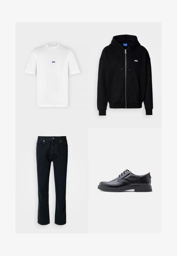 Hoodie zippé noir en tissu doux, avec une poche avant, une capuche à cordon et un petit logo blanc sur la poitrine gauche.; T-shirt blanc à manches courtes et col rond avec un petit logo rectangulaire bleu "HUGO" centré sur la poitrine.; HUGO JONAH - Jean droit - dark blue; Chaussures en cuir noir à lacets avec une texture lisse, un bout arrondi et des détails de couture discrets. Présentent une languette rouge à l'arrière.