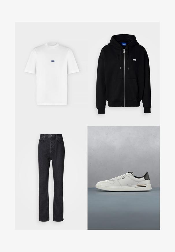 Hoodie zippé noir en tissu doux, avec une poche avant, une capuche à cordon et un petit logo blanc sur la poitrine gauche.; T-shirt blanc à manches courtes et col rond avec un petit logo rectangulaire bleu "HUGO" centré sur la poitrine.; Jean en denim noir taille haute avec fermeture à bouton et à glissière, poches avant et arrière, et coupe droite.; Sneaker basse blanche avec talon noir, fermeture à lacets, perforations subtiles et logo "BOSS" sur le côté, vue depuis le profil extérieur.