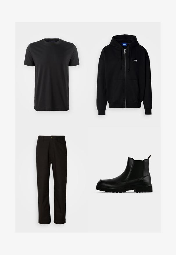 Hoodie zippé noir en tissu doux, avec une poche avant, une capuche à cordon et un petit logo blanc sur la poitrine gauche.; T-shirt noir à manches courtes avec un col rond. Fabriqué en tissu doux, il propose une coupe classique et un design uni sans motifs ni graphiques.; Pantalon en coton noir avec une coupe droite, des passants de ceinture, une fermeture éclair à l'avant et un seul bouton. Texture lisse sans motifs visibles.; Bottine noire en cuir avec semelle texturée, panneaux latéraux élastiques et languette de tirage sur fond gris clair.