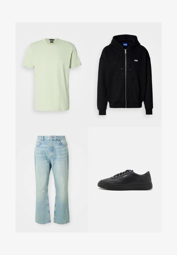 Must mustaga hoodie, mis on valmistatud pehmest kangast, millel on eesmine tasku, nööriga kapuuts ja väike valge logo vasakul rinnal.; Heledad hele rohelise värvi puuvillane T-särk lühikeste varrukatega, klassikalise ümmarguse kaelusega, sujuva tekstuuriga ja ilma nähtavate mustrite või aksessuaarideta.; Heledad sinise denimi laiendid teksad kõrge vöökohaga, mis sisaldavad viit taskut, vöörihmasid ja määrdunud pesu tekstuuri.; Mustad nahkspordijalatsid siledast materjalist, ümarate varvastega, tasase kummist tallaga ja tooni sobivate paeltega. Küljes on kuldne "BOSS" bränding.