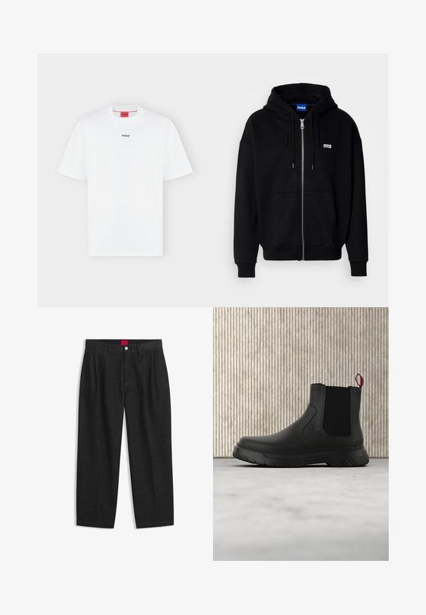 Sort hættejakke med lynlås lavet af blødt stof, med en forlomme, snoretræk i hætten og et lille hvidt logo på venstre bryst.; Hvid T-shirt med korte ærmer med lille sort "HUGO" logo centreret på brystet og et rødt mærke inde i kraven.; Sorte bukser med høj talje med forreste læg, bæltestropper, knap og lynlås lukning samt en rød label indeni linningen.; Sort ankelstøvle med en glat overflade, elastiske sidepaneler og en kontrasterende rød træksløjfe, der har en tyk gummisål og rund tå.