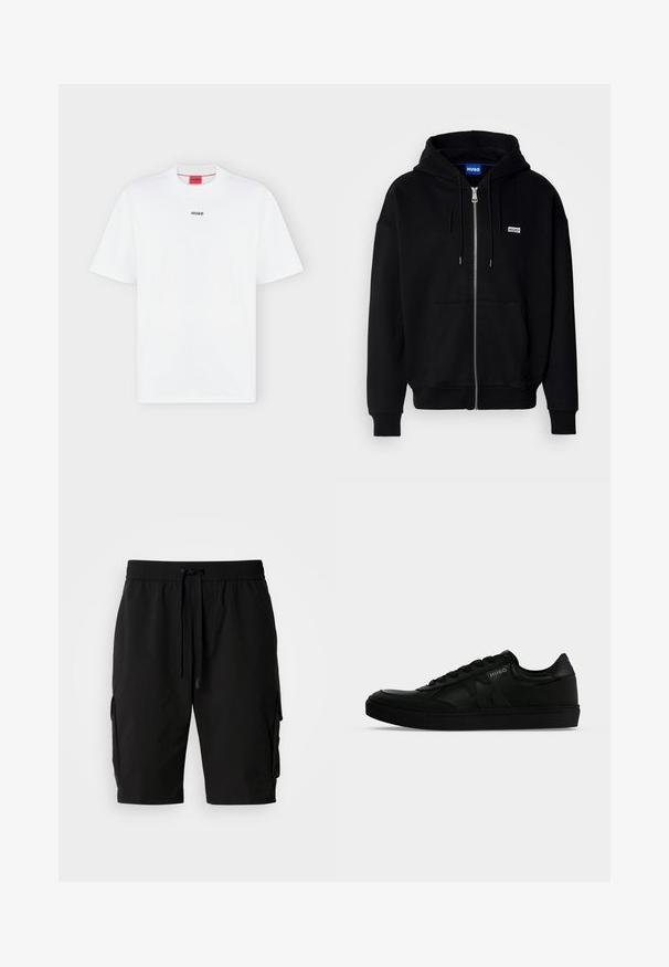 Schwarze Zip-Hoodie aus weichem Stoff, mit einer Fronttasche, Kordelzugkapuze und einem kleinen weißen Logo auf der linken Brust.; Weißes T-Shirt mit kurzen Ärmeln und kleinem schwarzem "HUGO" Logo mittig auf der Brust und einem roten Etikett innen im Kragen.; Schwarze Cargo-Shorts aus leichtem Material, mit elastischem Bund, Kordelzug und seitlichen Cargo-Taschen für zusätzlichen Stauraum.; Schwarzer Sneaker mit niedrigem Schaft, Schnürung vorne, geprägten seitlichen Details und "HUGO" Logo auf dem oberen Seitenpanel.
