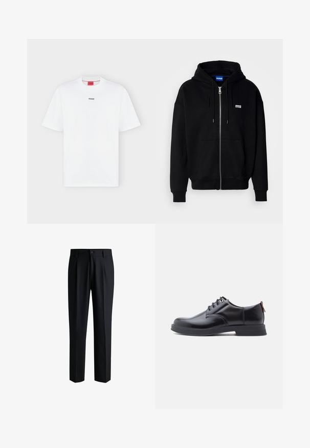 Sort hættejakke med lynlås lavet af blødt stof, med en forlomme, snoretræk i hætten og et lille hvidt logo på venstre bryst.; Hvid T-shirt med korte ærmer med lille sort "HUGO" logo centreret på brystet og et rødt mærke inde i kraven.; Sorte bukser lavet af glat stof, med lige ben-design, plisseringer foran og knaplukning med bæltestropper.; Sorte snørestøvler i læder med glat tekstur, rundet tå og diskrete syningsdetaljer. Har en rød trækflig på hælen.