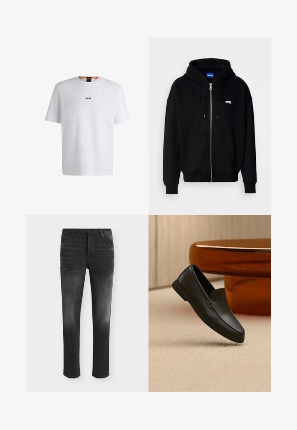 Hoodie zippé noir en tissu doux, avec une poche avant, une capuche à cordon et un petit logo blanc sur la poitrine gauche.; T-shirt en coton blanc à manches courtes, avec un logo noir "BOSS" centré sur la poitrine et un design à col rond.; Jean skinny noir avec des détails délavés, style cinq poches et fermeture par bouton à la taille.; Mocassin noir en cuir sans lacets exposé sur un tapis beige à côté d'une table en verre ambré de forme incurvée dans une pièce aux tons neutres.