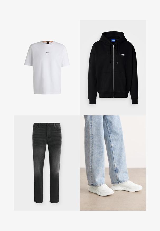 Sudadera con cremallera negra hecha de tejido suave, con un bolsillo frontal, capucha con cordón y un pequeño logo blanco en el lado izquierdo del pecho.; Camiseta de algodón blanca de manga corta, con un logotipo negro "BOSS" centrado en el pecho y un diseño de cuello redondo.; Vaqueros negros de corte ajustado con detalles desgastados, estilo de cinco bolsillos y cierre con botón en la cintura.; Zapatillas deportivas blancas con un diseño liso y moldeado, y suelas texturizadas, combinadas con unos jeans de mezclilla sueltos y de color azul claro.