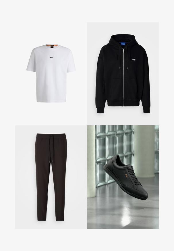 Schwarze Zip-Hoodie aus weichem Stoff, mit einer Fronttasche, Kordelzugkapuze und einem kleinen weißen Logo auf der linken Brust.; Weißes Baumwoll-T-Shirt mit kurzen Ärmeln, ausgestattet mit einem schwarzen "BOSS"-Logo, das mittig auf der Brust platziert ist, und einem runden Halsausschnitt.; Schwarze Jogginghosen aus weichem Material, mit einem elastischen Bund und Kordelzug, schmal zulaufenden Beinen und ohne sichtbare Muster oder Verzierungen.; Schwarzer Ledersneaker mit Schnürdesign und „BOSS“-Logo, schwebend in der Luft vor einer Glasbausteinwand und poliertem Betonboden.