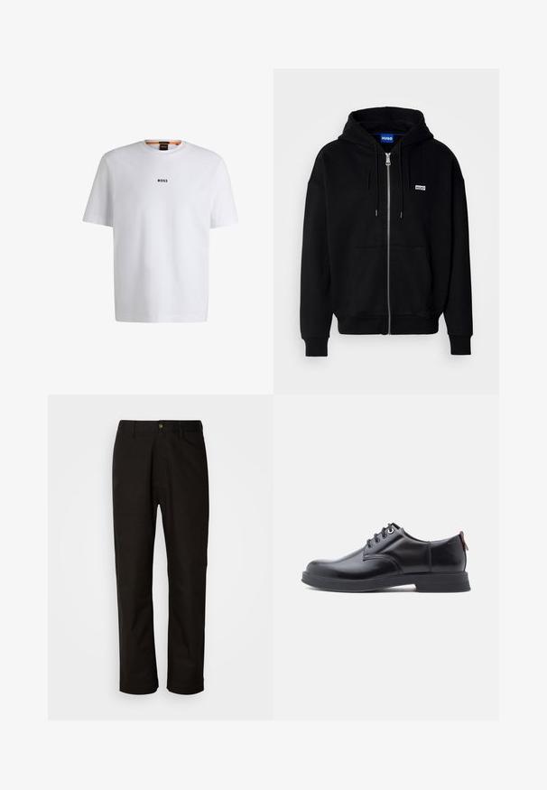 Sudadera con cremallera negra hecha de tejido suave, con un bolsillo frontal, capucha con cordón y un pequeño logo blanco en el lado izquierdo del pecho.; Camiseta de algodón blanca de manga corta, con un logotipo negro "BOSS" centrado en el pecho y un diseño de cuello redondo.; Pantalones de algodón negros con corte recto, presillas para el cinturón, cremallera frontal y un solo botón de cierre. Textura suave sin patrones visibles.; Zapatos de piel negra con cordones, textura lisa, puntera redondeada y detalles sutiles de costura. Cuentan con una lengüeta roja en el talón.