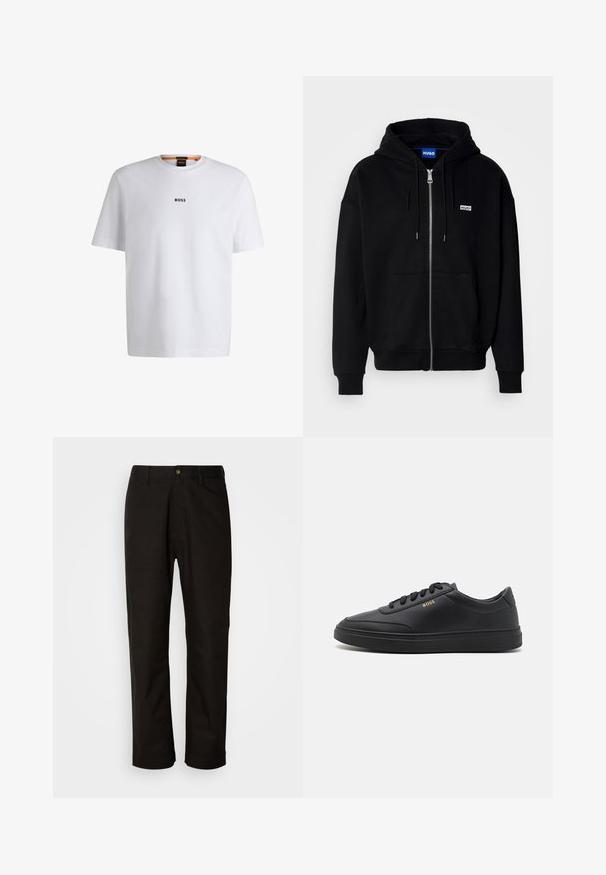 Zwarte ritshoodie van zacht materiaal, met een voorkantzak, een capuchon met koorden en een klein wit logo op de linkerborst.; Witte katoenen T-shirt met korte mouwen, voorzien van een zwart "BOSS"-logo in het midden van de borst en een ronde halsontwerp.; Zwarte katoenen broek met een rechte snit, riemlussen, een ritssluiting aan de voorkant en een enkele knoopsluiting. Soepele textuur zonder zichtbare patronen.; Zwarte leren sneakers met een gladde textuur, ronde neus, platte rubberen zool en tonale veters. Kenmerkt zich door de gouden "BOSS" branding aan de zijkant.