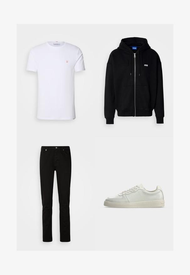 Zwarte ritshoodie van zacht materiaal, met een voorkantzak, een capuchon met koorden en een klein wit logo op de linkerborst.; Witte katoenen t-shirt met korte mouwen, met een klein oranje "II" logo op de linkerborst en een ronde halslijn. Eenvoudig ontwerp en textuur.; Zwarte rechtvallende spijkerbroek met knoop- en ritssluiting aan de voorkant, voor- en achterzakken, getoond op een effen lichte achtergrond.; Witte lage leren sneaker met vetersluiting en een off-white rubberen zool, gezien van opzij tegen een effen achtergrond.
