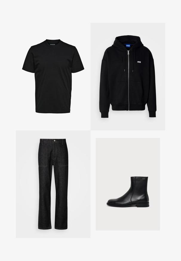 Must mustaga hoodie, mis on valmistatud pehmest kangast, millel on eesmine tasku, nööriga kapuuts ja väike valge logo vasakul rinnal.; Lihtne must lühikeste varrukatega t-särk ümara kaelusega, tavapärase lõikega, ilma nähtavate mustrite või logodeta.; Mustad denim püksid sirge säärega, nähtava õmblusega ja eesnupuga sulgur. Sisaldab kahte küljetaskut ja kahte tagataskut.; Mustast siledast nahast pahkluu saabas madala kontsaga ja külgse tõmblukuga, peal Hugo silt lähedal ülaäärele.