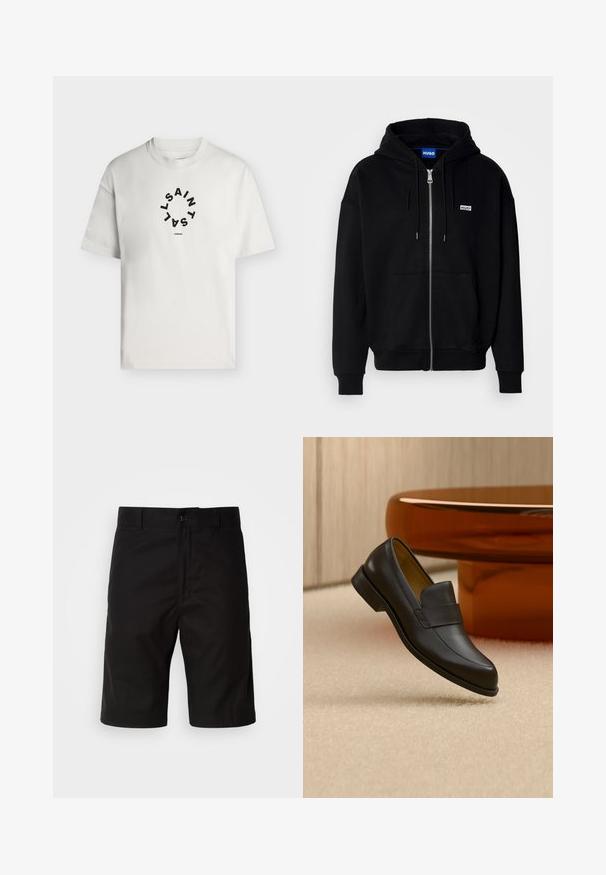 Sort hættejakke med lynlås lavet af blødt stof, med en forlomme, snoretræk i hætten og et lille hvidt logo på venstre bryst.; Hvid T-shirt med korte ærmer og rund halsudskæring med sort cirkulær tekst, der staver "SAINT LAINT" og "LONDON" under cirklen.; Sorte shorts lavet af ensartet stof, med lige snit, knaplukning og en glat tekstur uden synlige mønstre.; Sort læder loafers med lav hæl svævende over beige tæppe ved rundt brunt bord.