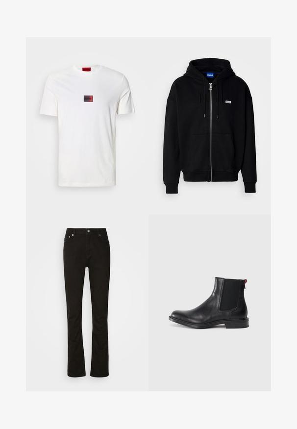 Hoodie zippé noir en tissu doux, avec une poche avant, une capuche à cordon et un petit logo blanc sur la poitrine gauche.; T-shirt blanc en coton avec un petit logo rectangulaire rouge et noir centré sur la poitrine. Manches courtes, col rond.; Jeans en denim noir au design droit, avec poches avant, braguette zippée et accents en métal argenté. Texture lisse, sans motifs.; Bottine Chelsea en cuir noir avec des panneaux élastiques sur les côtés, bout rond et petit talon empilé. Équipée d'une languette rouge et d'un logo subtil sur le côté.