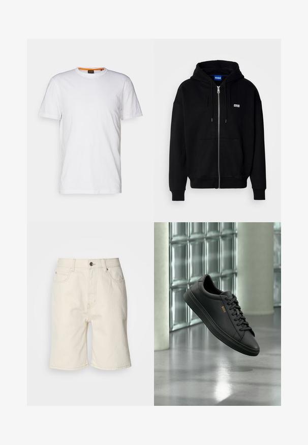 Zwarte ritshoodie van zacht materiaal, met een voorkantzak, een capuchon met koorden en een klein wit logo op de linkerborst.; Witte katoenen T-shirt met ronde hals, korte mouwen en een subtiel reliëflogo op de borst. Het binnenlabel heeft een oranje accent.; Beige denim shorts met een rechte snit, vijf zakken en een knoopsluiting aan de voorkant. Licht gestructureerde stof met zichtbare stiksels.; Zwarte lage leren sneaker met zwarte veters en gouden BOSS-logo aan de zijkant, zwevend boven glanzende grijze vloer in een moderne binnenruimte.