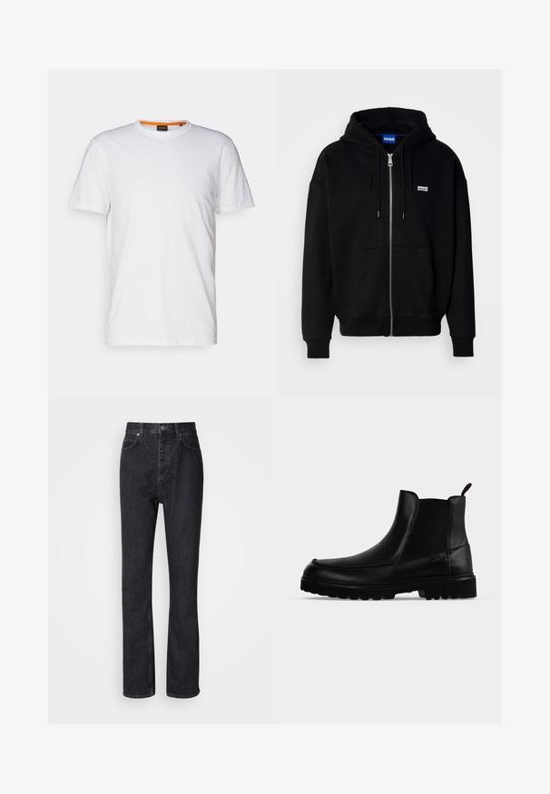 Sudadera con cremallera negra hecha de tejido suave, con un bolsillo frontal, capucha con cordón y un pequeño logo blanco en el lado izquierdo del pecho.; Camiseta de algodón blanca con cuello redondo, mangas cortas y un sutil logo en relieve en el pecho. La etiqueta interior tiene un acento naranja.; Jeans de mezclilla negros de cintura alta con cierre de botón y cremallera, bolsillos frontales y traseros, y corte recto.; Bota negra de cuero hasta el tobillo con suela texturizada, paneles laterales elásticos y pestaña de tirador sobre fondo gris claro.