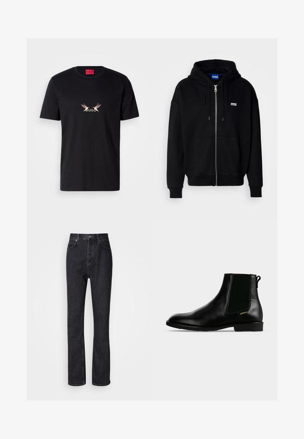 Sudadera con cremallera negra hecha de tejido suave, con un bolsillo frontal, capucha con cordón y un pequeño logo blanco en el lado izquierdo del pecho.; Camiseta de algodón negra con un gráfico frontal que presenta la palabra "HUGO" y dos diseños estilizados de aves en colores claros y oscuros.; Jeans de mezclilla negros de cintura alta con cierre de botón y cremallera, bolsillos frontales y traseros, y corte recto.; Botín de cuero negro con panel lateral elástico, tacón bajo, lengüeta trasera y pequeño logo dorado "HUGO" en el lateral exterior.