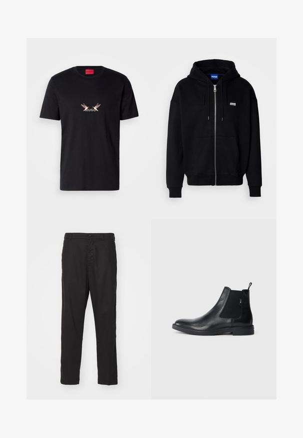 Sort hættejakke med lynlås lavet af blødt stof, med en forlomme, snoretræk i hætten og et lille hvidt logo på venstre bryst.; Sort bomulds T-shirt med et frontgrafik, der viser ordet "HUGO" samt to stiliserede fugledesigns i lyse og mørke farver.; Sorte bomuldschinos med lige ben-design, knaplukning og sidelommer. Glat tekstur og ingen synlige mønstre eller accenter.; Sorte læder Chelsea støvler med elastiske sidepaneler, en pull-tab og en flad gummisål. Glat tekstur med minimal detaljer.