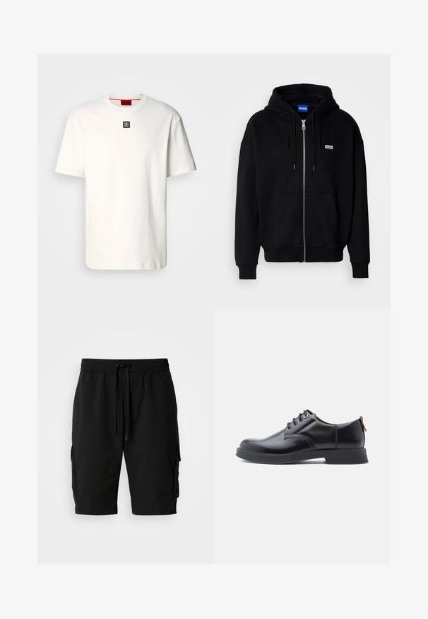 Hoodie zippé noir en tissu doux, avec une poche avant, une capuche à cordon et un petit logo blanc sur la poitrine gauche.; T-shirt en coton blanc avec un col rond, des manches courtes et un petit logo carré noir avec "HUGO" sur la poitrine. Design simple, texture douce.; Shorts cargo noirs en tissu léger, dotés d'une taille élastique, d'un cordon de serrage et de poches cargo latérales pour un rangement supplémentaire.; Chaussures en cuir noir à lacets avec une texture lisse, un bout arrondi et des détails de couture discrets. Présentent une languette rouge à l'arrière.