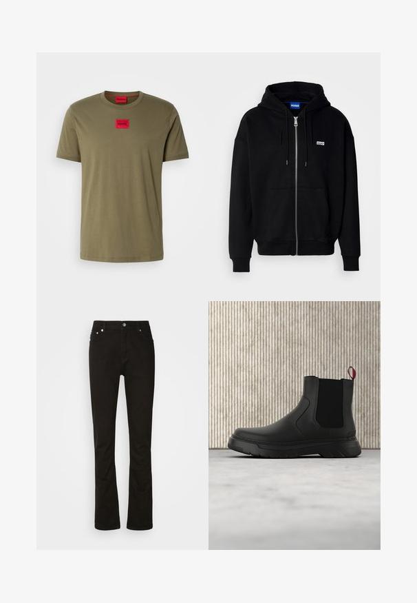Schwarze Zip-Hoodie aus weichem Stoff, mit einer Fronttasche, Kordelzugkapuze und einem kleinen weißen Logo auf der linken Brust.; Olivegrünes Baumwoll-T-Shirt mit Rundhals, kurzen Ärmeln und einem roten quadratischen Logo-Patch auf der Brust. Glatte Textur.; Schwarze Jeans aus Denim mit geradem Bein, ausgestattet mit vorderen Taschen, einem Reißverschluss und silbernen Hardware-Details. Glatte Textur, ohne Muster.; Schwarze Knöchelstiefel mit glatter Oberfläche, elastischen Seitenpaneelen und einem kontrastierenden roten Zuglasche, ausgestattet mit einer dicken Gummisohle und einer runden Zehenpartie.