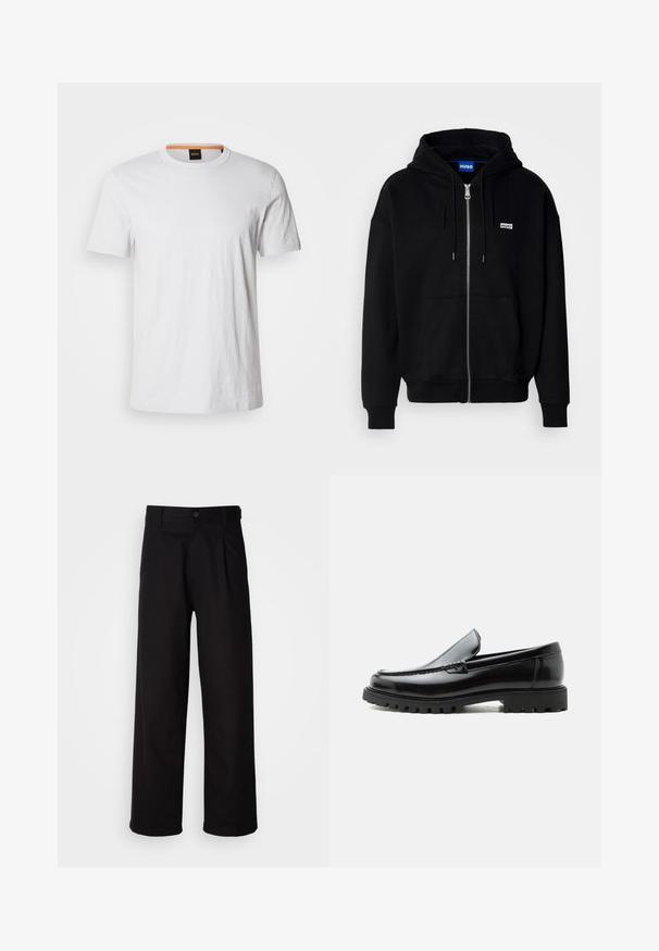 Schwarze Zip-Hoodie aus weichem Stoff, mit einer Fronttasche, Kordelzugkapuze und einem kleinen weißen Logo auf der linken Brust.; Weißes T-Shirt mit kurzen Ärmeln aus weicher Baumwolle, mit einem runden Ausschnitt und dezenter Logodetail in passendem Weiß auf der Vorderseite.; Schwarze Hosen aus glattem Stoff, mit geradem Bein, vornehme Falten und einem einzigen Knopfverschluss an der Taille.; Schwarzer Lederloafer mit grober Gummisohle, genähter Oberseite und geprägtem Markennamen an der Ferse, seitlich auf weißem Hintergrund gezeigt.