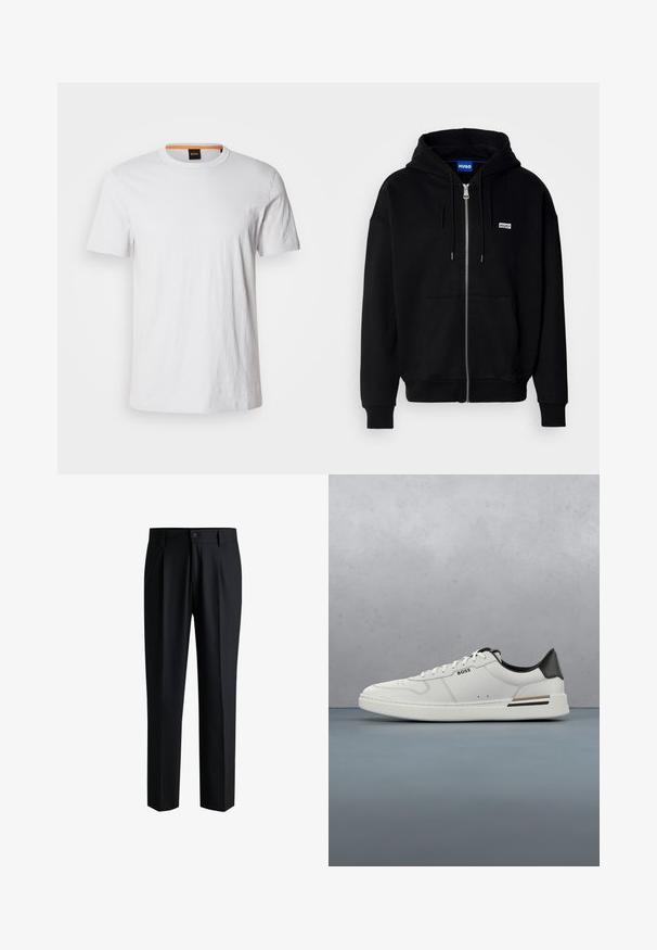 Hoodie zippé noir en tissu doux, avec une poche avant, une capuche à cordon et un petit logo blanc sur la poitrine gauche.; T-shirt blanc à manches courtes en coton doux, avec un col rond et un subtil détail de logo assorti en blanc sur le devant.; Pantalons noirs en tissu lisse, avec une coupe droite, des plis à l'avant et une fermeture à bouton avec passants de ceinture.; Sneaker basse blanche avec talon noir, fermeture à lacets, perforations subtiles et logo "BOSS" sur le côté, vue depuis le profil extérieur.