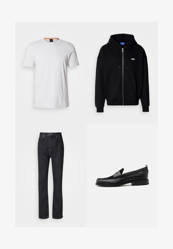 Schwarze Zip-Hoodie aus weichem Stoff, mit einer Fronttasche, Kordelzugkapuze und einem kleinen weißen Logo auf der linken Brust.; Weißes T-Shirt mit kurzen Ärmeln aus weicher Baumwolle, mit einem runden Ausschnitt und dezenter Logodetail in passendem Weiß auf der Vorderseite.; Hochtaillierte schwarze Jeans aus Denim mit Knopf- und Reißverschluss, Vorder- und Hintertaschen sowie einer geraden Passform.; Schwarzer Lederloafer mit grauem Riemendetail, niedrigem Absatz und strukturierter Sohle, seitlich mit „HUGO“ in Gold gebrandmarkt.